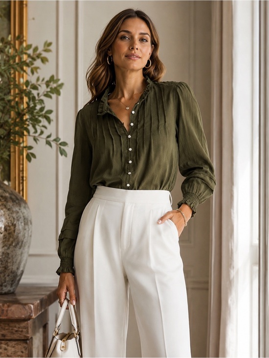 Quince Tops - Quince Organic Textured Cotton Peasant Blouse Caper Green Ruffle Button Front Me